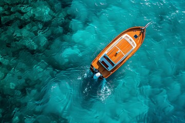 Drone view of a motor boat. Luxury transportation. Vacation and holidays. Summer time for sea travel. The sea bay. Photo for background and wallpaper .