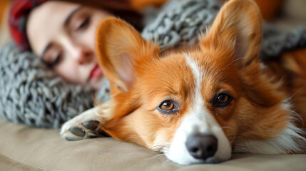 Corgi and her owner laying in bed, resting, cute scene