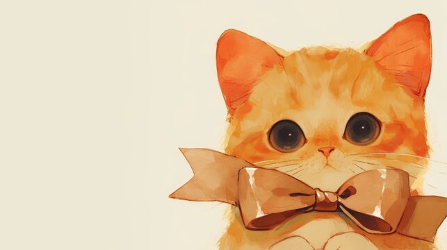 A cute kitty sporting a stylish brown bow perfect for adorning kids outfits storybooks and postcards