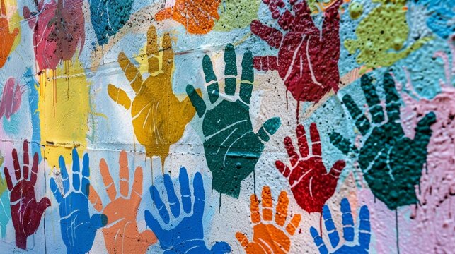 Closeup of a restorative justice circle painted on a wall with colorful handprints and names of individuals who have participated in the process. This symbolizes the sense of community .