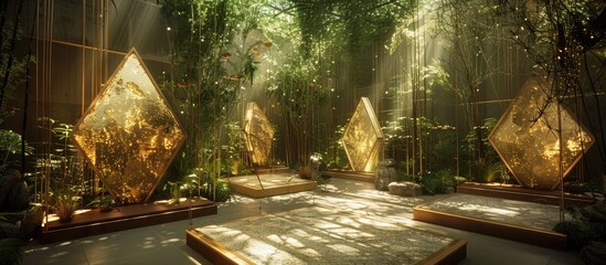 Enchanting Golden Polygon Art Installation Showcasing Sustainable Nature Inspired Futuristic Design and Concept