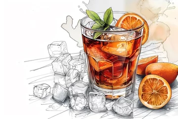Fotobehang Minimalist digital drawing of an old fashioned cocktail on a tble with the ingridients for it, on white background © BOMB8