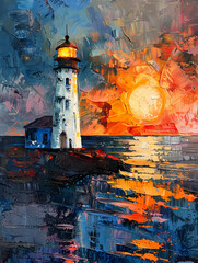 Oil Paint Lighthouse Wall Art Generated by AI