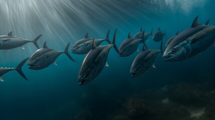 Sunlight filtering through the ocean, illuminating a school of swimming tuna.
