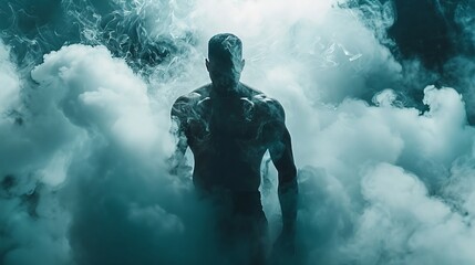 muscular figure of a man enveloped in smoke floating in the air, fantasy magic vibes - obrazy, fototapety, plakaty