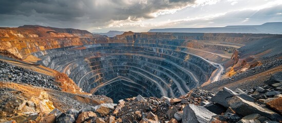 Expansive Open Pit Mining Evaluating Mineral Deposits and Extraction Feasibility - obrazy, fototapety, plakaty