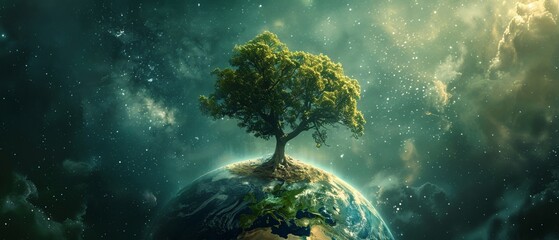 Green planet dream, light-kissed tree on globe - obrazy, fototapety, plakaty