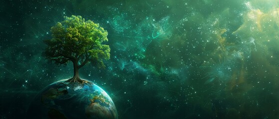 Green planet dream, light-kissed tree on globe