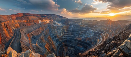 Aerial panoramic view of a large open pit mining in a dramatic mountainous landscape at sunset showcasing the geological complexity and economic