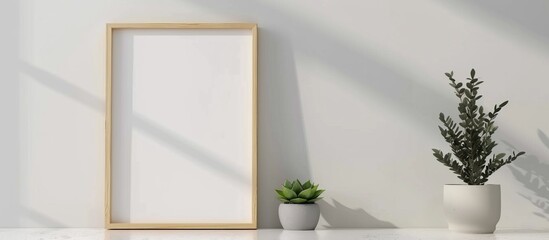 Picture frame mock up displayed on a clean white wall with a small plant in a pot placed beneath it