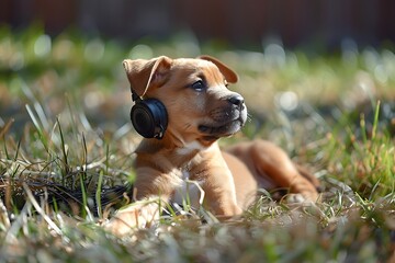 Grooving puppy. Young puppy listening to music on a head set. .