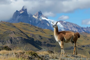 Naklejka premium Guanaco (Lama Guanicoe) admiring the Andes..
