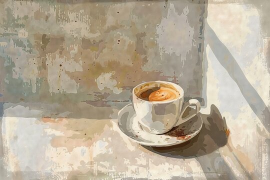 painting of an aestetically pleasing cup of coffee in the style of graphic expressionism, beige and grey tones, cartoonish simplicity, poetic still lifes