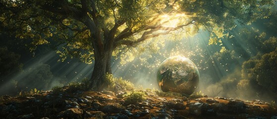 Globe with lush tree, light's caress - obrazy, fototapety, plakaty