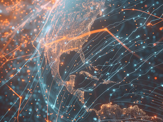 the earth background, Abstract glowing light lines and dots on the Major city of earth map, 3D render, big data technology concept with blue and orange Straight line of connection or network web in mo