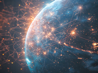 the earth background, Abstract glowing light lines and dots on the Major city of earth map, 3D render, big data technology concept with blue and orange Straight line of connection or network web in mo