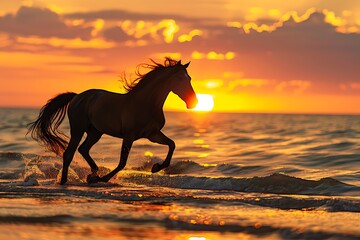 Horse and sunset. An Arabian horse trotting along the shore with a vibrant sunset over the bay .