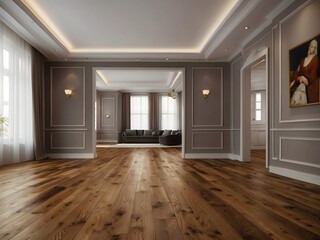 Obraz premium An expansive room with polished wood flooring housing a large empty picture frame for decoration design.