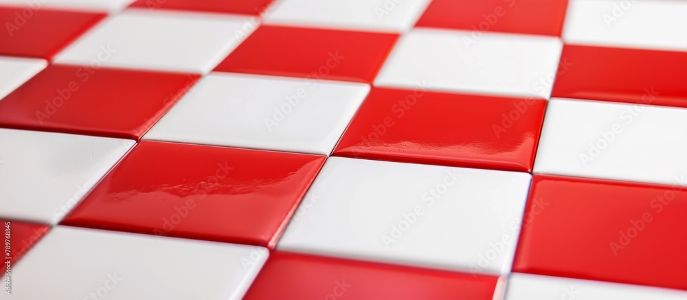 Poster detailed view of a wall covered in small red and white square tiles, creating a checkered pattern