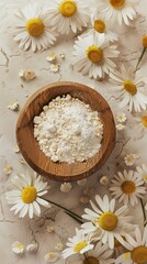 Fototapeta na wymiar Flat lay extract chamomile flower flour natural skincare ingredient