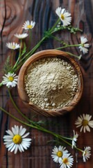 Obraz na płótnie Canvas Flat lay extract chamomile flower flour natural skincare ingredient