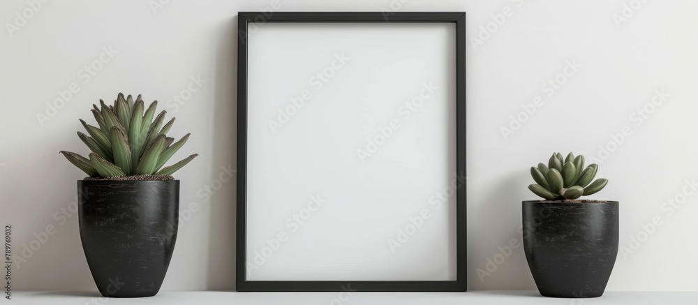 Poster pots and a picture frame displayed neatly on a shelf in a close-up shot