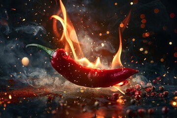 hot chilli pepper studio shot The pepper is on flames and there are also flames around it Spicy and hot atmosphere Dark background - obrazy, fototapety, plakaty