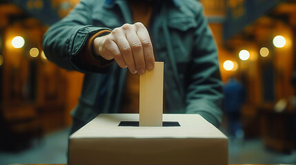 Closeup of a hand of a man putting paper inside of a voting box