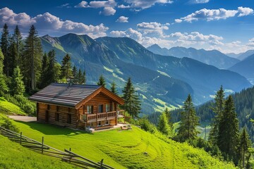Fototapeta na wymiar A wooden house over a lonely green mountain and blue sky a beautiful environment with a big space for text or traveling product advertisement, Generative AI.