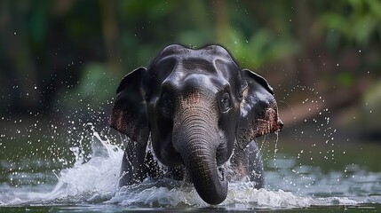 Portrait of a Asian Elephant is enjoying bathing in river or lake with a blurry nature backdrop and a big space for text or backdrop, Generative AI.