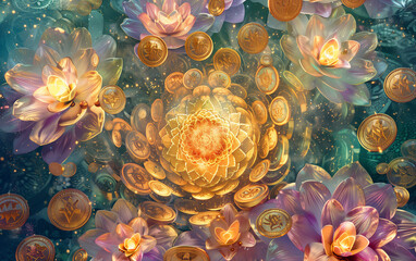 Celestial Mandala: Radiant Flowers Amidst Cosmic Abundance with gold coins