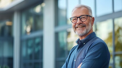 Portrait of smiling senior man in casual shirt and glasses standing against modern office building, looking at camera with copy space. Smiling middle aged business concept. generative AI