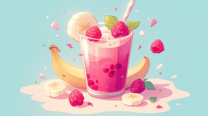 2d illustration of raspberry banana smoothies - obrazy, fototapety, plakaty