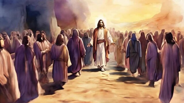 Resurrection of Jesus: Jesus appears to his followers. Life of Jesus. Digital watercolor painting