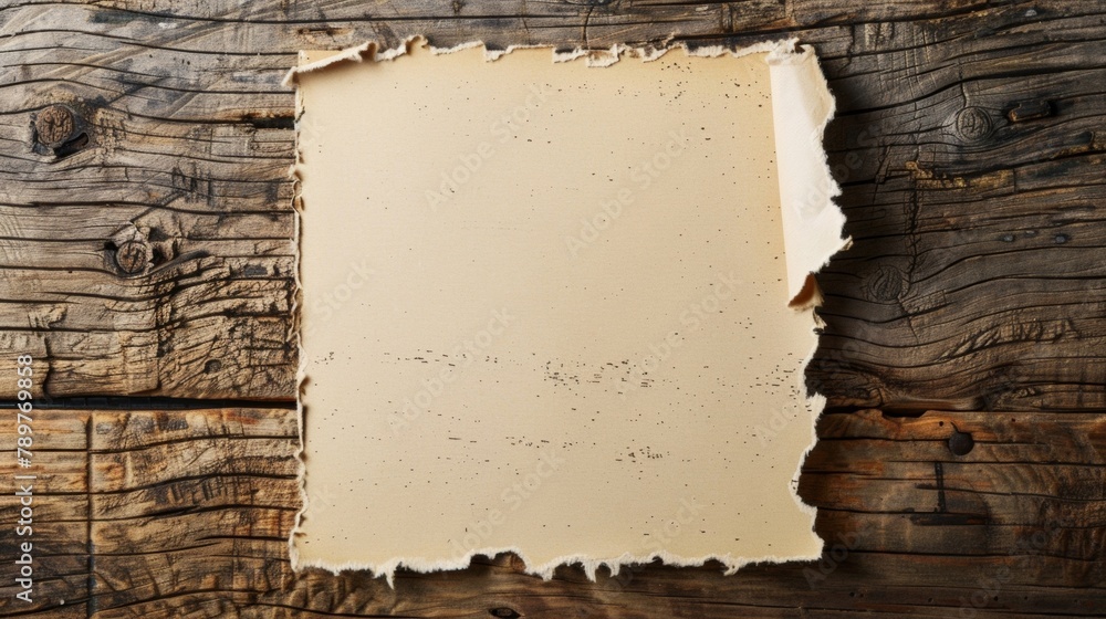 Poster blank mockup of a blank sticky note with a torn edge p on a worn out notepad. .