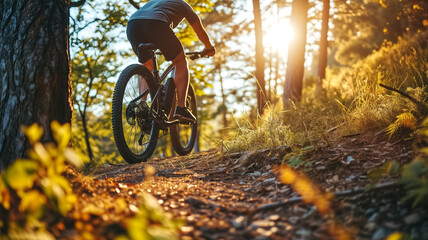 Cyclist rides a mountain bike on a forest trail bathed in the golden light of a setting sun, evoking a sense of freedom and adventure.
 - obrazy, fototapety, plakaty