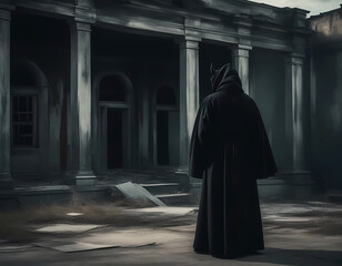 A demon in a black robe against the backdrop of an abandoned building