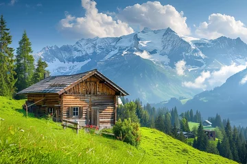 Foto op Canvas A wooden house over a lonely green mountain and blue sky a beautiful environment with a big space for text or traveling product advertisement, Generative AI. © Our Scrapbook
