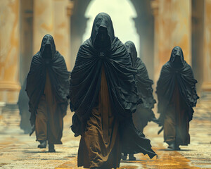 In a world where ancient tradition meets futuristic technology, medieval cyber monks embark on a quest for enlightenment amidst the digital age Closeup of the monks reveals the melding of spirituality - obrazy, fototapety, plakaty