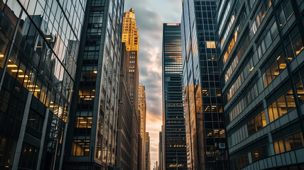 Obraz premium The setting sun casts a golden hue over towering skyscrapers, reflecting off the glass facades in the heart of the urban jungle. 