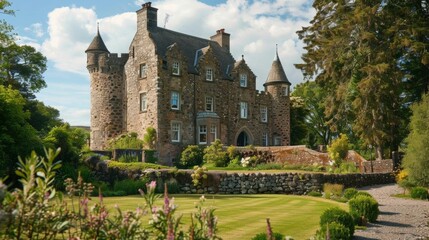 Obraz premium A fairytale experience awaits at this castle hotel with its towering towers and lush gardens fit for a royal retreat. 2d flat cartoon.
