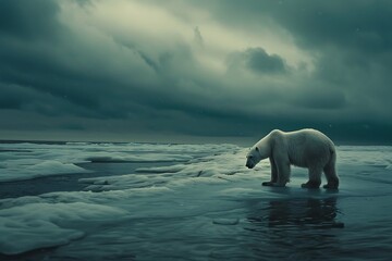 Melting World. A polar bear stands on a thin ice floe off the northern coast of the Svalbard Archipelago. . - obrazy, fototapety, plakaty