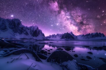 Milky Way arch over the sea coast and snow covered mountains. Milky Way arch, sea coast and snow covered mountains in winter at night. Lofoten Islands, Norway. Arctic landscape with starry purple