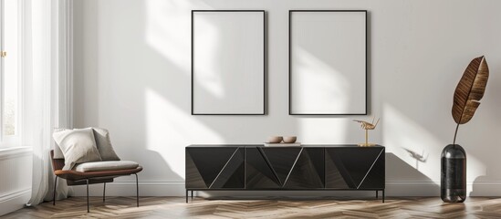Contemporary living space featuring a sleek black sideboard and two framed pictures on the wall