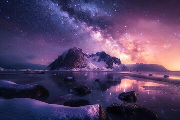 Milky Way arch over the sea coast and snow covered mountains. Milky Way arch, sea coast and snow covered mountains in winter at night. Lofoten Islands, Norway. Arctic landscape with starry purple sky