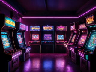Arcade video games in an empty dark game room with purple light with a retro design look design.