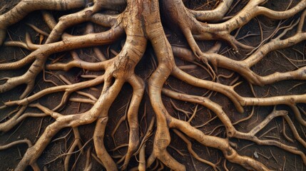 Closeup of a network of intricate tree roots intertwined with each other representing the interconnectedness and support system that comes with planting trees in a community. .