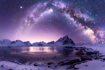 Milky Way arch over the sea coast and snow covered mountains. Milky Way arch, sea coast and snow covered mountains in winter at night. Lofoten Islands, Norway. Arctic landscape with starry purple s