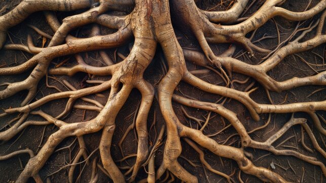 Closeup of a network of intricate tree roots intertwined with each other representing the interconnectedness and support system that comes with planting trees in a community. .