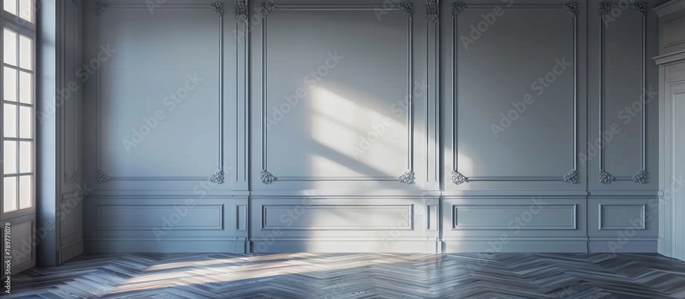 Poster the room features a generously sized wall and a floor made of wood material, creating a warm and inv